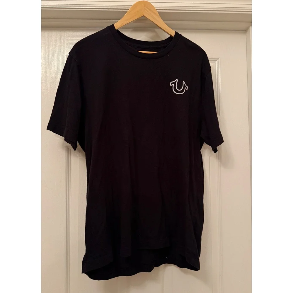 True Religion T-Shirt Mens XL Black Short Sleeve Buddha Graphic Horseshoe Logo